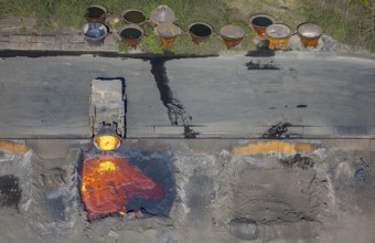 Aerial view, ArcelorMittal Hochfeld GmbH steel wire plant, dumping of red-hot material, Laar,