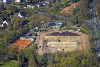 Aerial view, construction site with renovation and new construction of the stadium Friesenplatz of