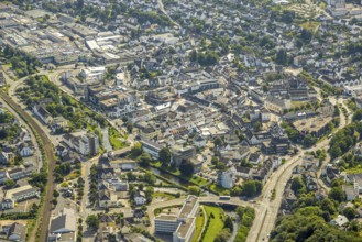 Aerial view, city centre view with Stiftsplatz and St. Walburga catholic church, car park