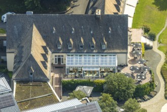 Aerial view, Welcome Hotel Meschede/Hennesee with solar roof and winter garden, outdoor catering