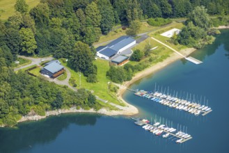 Aerial view, boat landing stage on the Hennesee, Berghausen, Meschede, Sauerland, North