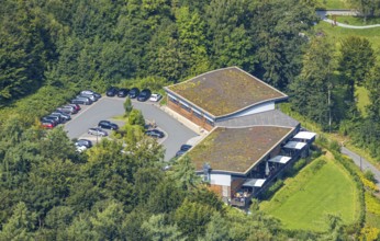 Aerial view, H1 am See restaurant with green roof, car park, Berghausen, Meschede, Sauerland, North