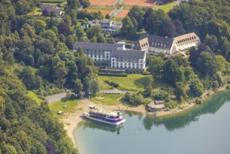 Aerial view, excursion boat Hennesee at the beach Berghauser Bucht, Welcome Hotel