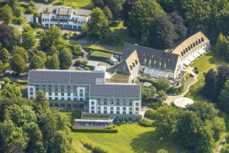 Aerial view, Welcome Hotel Meschede/Hennesee with solar roof and winter garden, Berghausen,