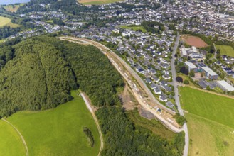 Aerial view, construction site, construction road An der Sündelt for planned new development area,