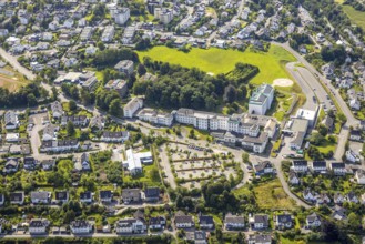 Aerial view, St. Walburga Hospital with helipad, St. Walburga Hospital car park, woodland and