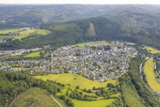 Aerial view, residential area local view Freienohl at the main street with catholic St. Nikolaus