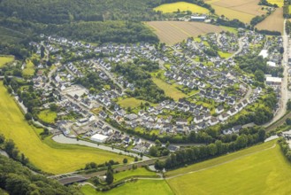 Aerial view, single-family house residential area, local view at Bahnhofstraße, river Ruhr