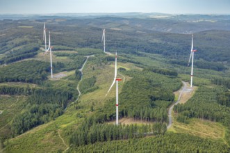 Aerial view, wind turbines in the forest area near Rümmecke, with forest damage, hilly landscape