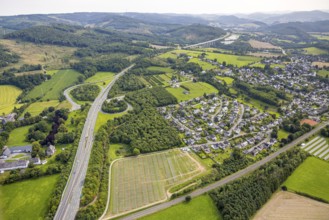 Aerial view, construction of a solar park next to the A46 motorway, Hermannswiese, Wennemen,
