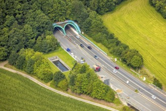 Aerial view, construction site at the motorway A 46 with tunnel entrance and tunnel exit Olpe,