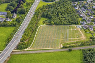 Aerial view, construction of a solar park next to the A46 motorway, Hermannswiese, Wennemen,
