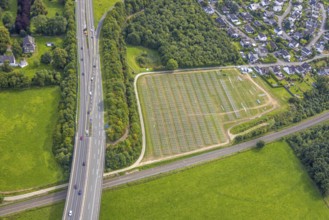 Aerial view, construction of a solar park next to the A46 motorway, Hermannswiese, Wennemen,