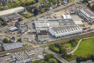 Aerial view, commercial area Bahnhofstraße, Wennemen, Meschede, Sauerland, North Rhine-Westphalia,