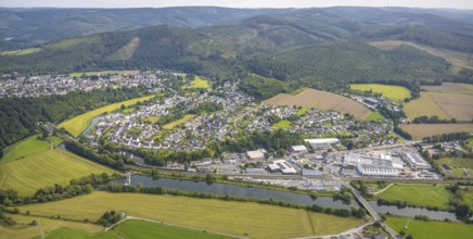 Aerial view, residential area local view district Freienohl, commercial area Bahnhofstraße, river