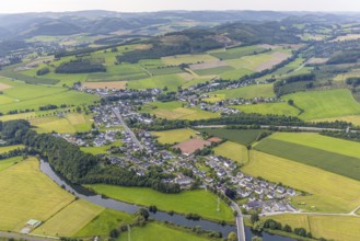 Aerial view, residential area local view district Olpe, sports field and tennis court Am Anger,