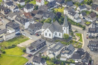 Aerial view, catholic St. Nikolaus parish church in the town centre, Freienohl, Meschede,