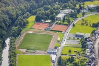 Aerial view, football stadium and tennis court, Küppelkampfbahn - sports field facility of TuRa