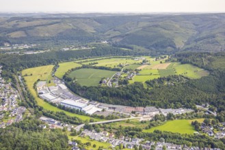 Aerial view, commercial area Im Langel at the edge of the forest, nature reserve Auf'm cock
