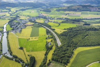 Aerial view, residential area district Olpe surrounded by meadows and fields, industrial area