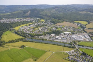 Aerial view, residential area local view district Freienohl, commercial area Bahnhofstraße, water