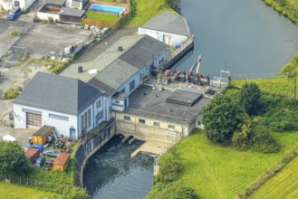 Aerial view, hydropower plant Freienohl at the river Ruhr Untergraben, Freienohl, Meschede,