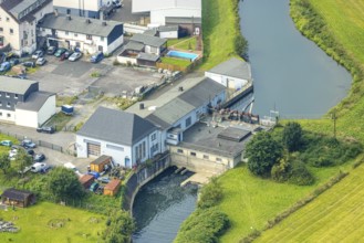 Aerial view, hydropower plant Freienohl at the river Ruhr Untergraben, Freienohl, Meschede,