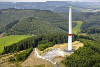 Aerial view, construction site with construction of a wind turbine on the Homberg, Calle, Meschede,
