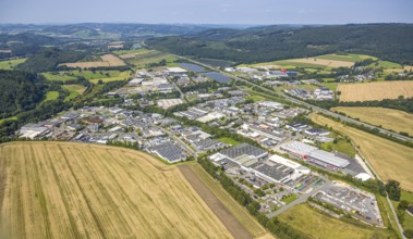 Aerial view, general view of the Enste industrial estate, citizen solar park photovoltaic solar