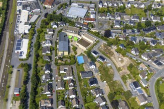 Aerial view, construction site An Klocken Kapelle, St. Walburga-Realschule with green awning,