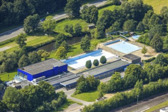 Aerial view, outdoor and indoor swimming pool Meschede without water, Meschede town, Meschede,