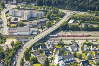 Aerial view, City view with federal road B55 Antoniusbrücke and railway station with S-Bahn,
