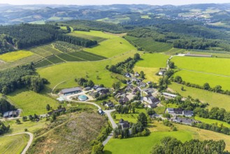 Aerial view, residential area local view district Büemke with chapel St. Agatha, meadows and fields