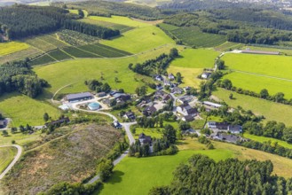 Aerial view, residential area local view district Büemke with chapel St. Agatha, meadows and fields