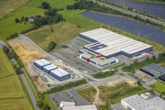 Aerial view, industrial area Enste-Süd with solar park Enste at the motorway A46, construction site