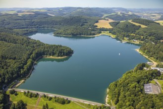 Aerial view, Hennesee with Hennesee dam, forest area, lonely sailing boat on the lake, Berghausen,