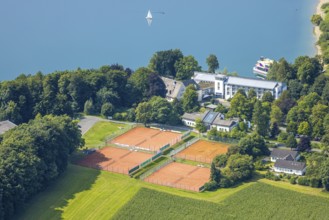 Aerial view, Welcome Hotel Meschede/Hennesee and tennis court, Hennesee with sailing boat, Meschede