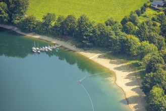 Aerial view, beach and boat mooring, Enkhausen, Meschede, Sauerland, North Rhine-Westphalia,