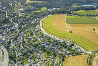 Aerial view, radio mast on a field Langelohweg, development plan Langeloh-West, Meschede town,