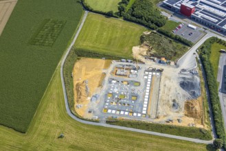 Aerial view, industrial estate Enste-Nord, construction site company settlement Steinwiese, Enste,