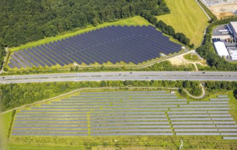 Aerial view, Enste-Süd industrial estate with Enste solar park on the A46 motorway, Enste,