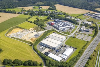 Aerial view, industrial estate Enste-Nord, construction site company settlement Steinwiese, Enste,