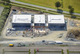 Aerial view, industrial area Enste-Süd with solar park Enste at the motorway A46, construction site
