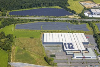 Aerial view, industrial area Enste-Süd with solar park Enste at the motorway A46, construction site