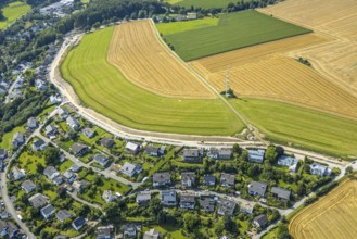 Aerial view, radio mast on a field Langelohweg, development plan Langeloh-West, Meschede town,