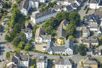 Aerial view, Christuskirche and parish hall, HSK music school, Meschede town, Meschede, Sauerland,