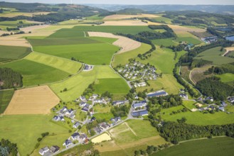 Aerial view, residential area local view district Erflinghausen, surrounded by meadows and fields,