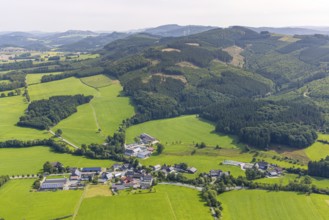 Aerial view, residential area local view district Herhagen surrounded by meadows and fields, forest