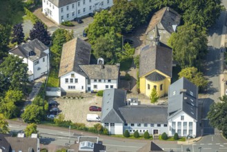 Aerial view, Christuskirche and parish hall, HSK music school, Meschede town, Meschede, Sauerland,