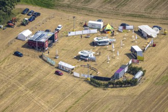 Aerial view, music event fairground with stubble field party in Altenhellefeld, Sundern, Sauerland,